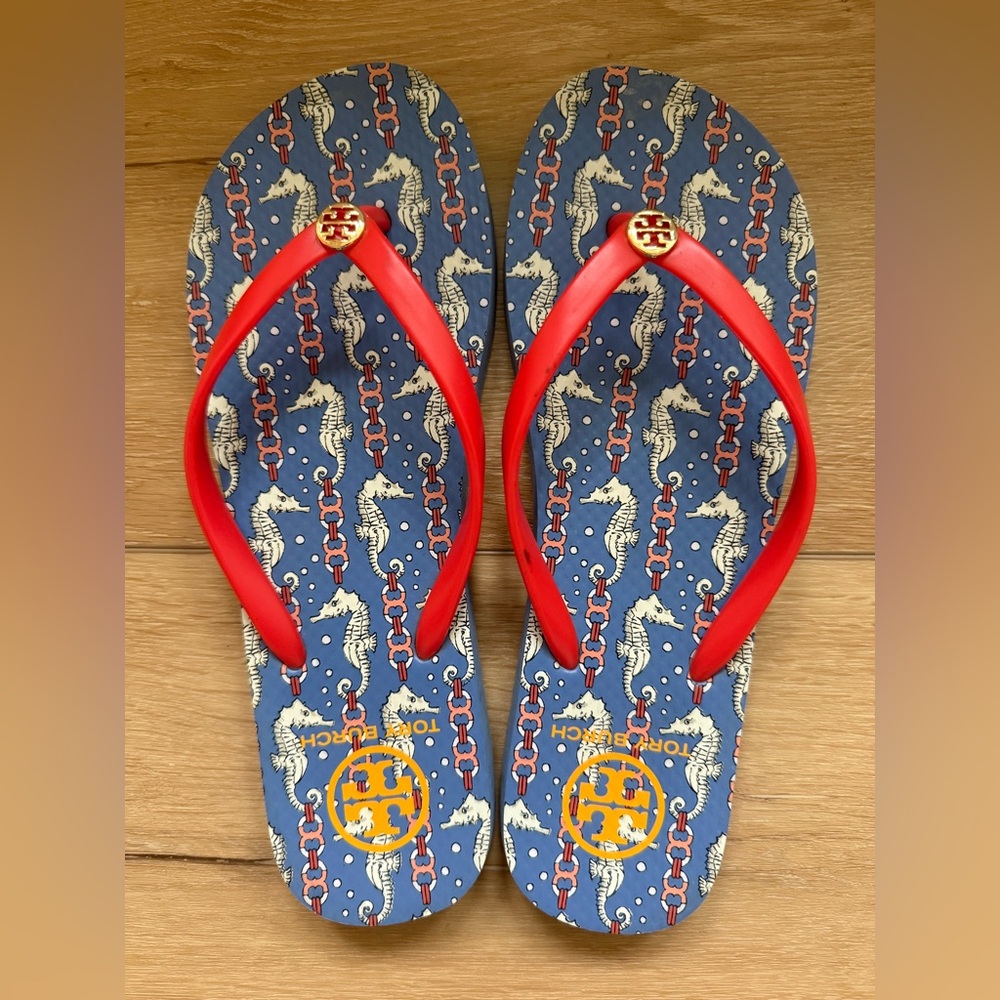 Tory Burch Blue Flip Flops with Red Straps and Gold Logo